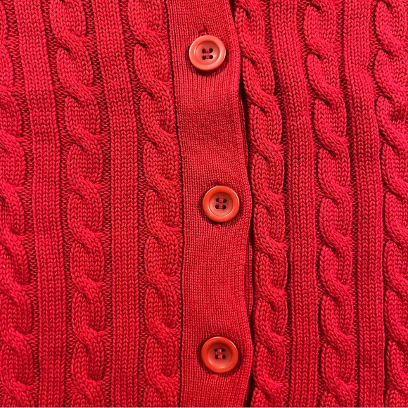 LL Bean Red Short Sleeve Cable Knit Button Down Cardigan Sweater Large Coastal - Picture 3 of 10